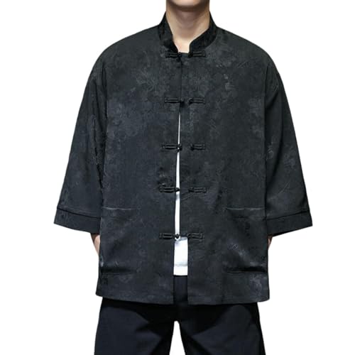 Chemise en lin homme col montant ample contre la chaleur avec style rétro jacquard 7/10