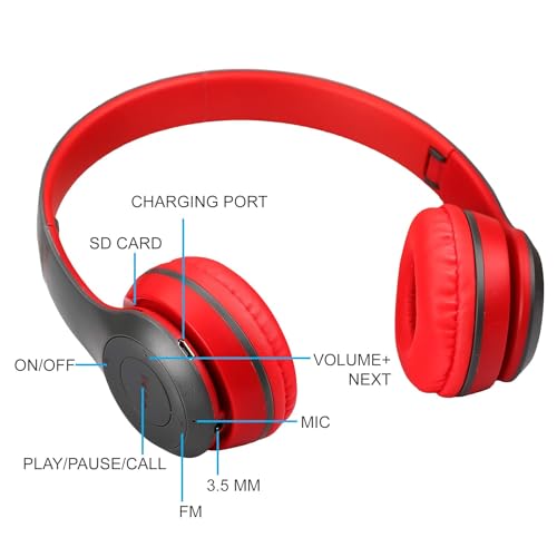 Image of P47 icall Gaming Over Ear Bluetooth Headphones Wireless with Mic (Red)