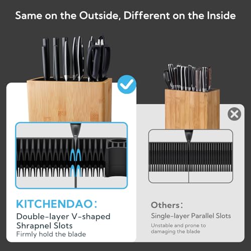 Image of KITCHENDAO XL Bamboo Universal Knife Block Holder with Slots for Scissors and Sharpening Rod, Safe, Space Saver Knives Storage Stand Display without Knives, Unique Slot Design to Protect Blade