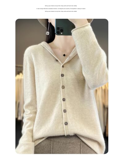 Image of Cashmere Sweaters for Women Button Down V Neck Hooded Cardigan Casual Loose Long Sleeve Soft Knit Pullover Tops Apricot