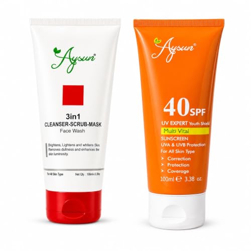 Image of Aysun 3-in-1 Cleanser Scrub Mask Face Wash (100ml) + SPF 40 Multi Vital Sunscreen (100ml) | Deep Cleansing, Exfoliation & Daily Sun Protection | Suitable for All Skin Types | Combo Pack Of 2