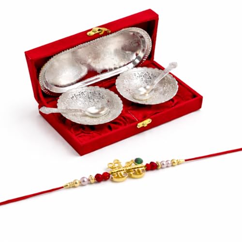 Image of Jaipur Ace Rakhi Gift Hamper for Bhaiya Bhabhi with Silver Plated Bowl Set, Pooja Thali, 2 Designer Rakhis, Roli Chawal, Raksha Bandhan Gift Set for Brother Bhabhi, Premium Rakhi Combo with Red Velvet Box