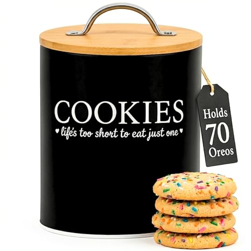 D'Lifeful Cookie Jar with Airtight Bamboo Lid – 0.6 Gallon Cute and Decorative Cookie Storage for Kitchen Countertop – Farmhouse Storage Tin for Freshness – Great Gift Idea