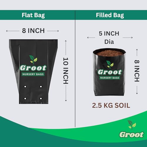 Image of Groot 8 x 10, Medium - Pack of 200 | Poly Grow Nursery Plant Bags | Plant Bags for Home Garden | Plastic Nursery Bags for Plants - Black Color for Flower & Fruits