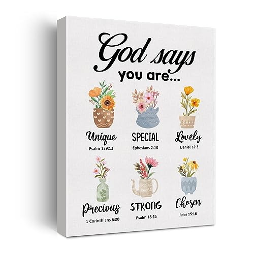 Inspirational Motivational Floral God Says You Are Poster Canvas Wall Art for Home Decor Christian Positive Affirmations Flower Canvas Print Painting Framed Gifts - Easel & Hanging Hook 12x15 Inch