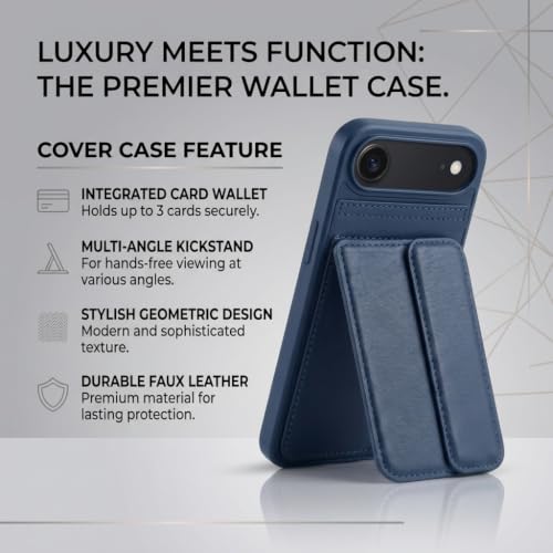 Image of amazon basics Luxury Vegan Leather Back Cover for iPhone 17 Air | Built-in Card Holder Slot | Integrated Mobile Stand | Slim Shockproof Protective Case with Stitched Finish - Blue