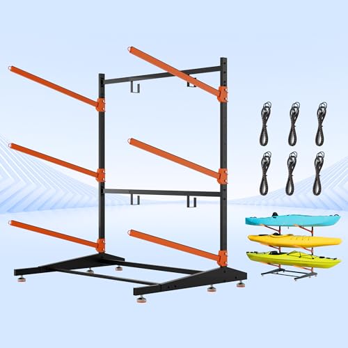 Image of 3-Tier Freestanding Kayak Storage Rack, Heavy Duty Outdoor Canoe Stand for Garage & Dock, 330 lbs Capacity, Rust-Proof 304 Stainless Steel Hardware (Orange)