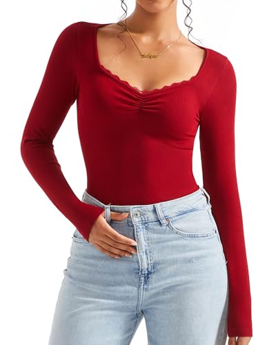 Image of SUUKSESS Women Sweetheart V Neck Long Sleeve Tops Lace Trim Ribbed Modal Fall Going Out Shirts