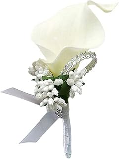 Calla Lily Boutonniere Künstlicher Blumenstrauß Strass Brosche Handgefertigte Ansteckblume mit Sicherheitsnadel Blume Corsagen Hochzeit Zubehör für Braut Bräutigam Milchig Weiß