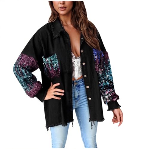 Women's Sequin Tassel Fashion Denim Jackets, Prom Party Y2K Button Down Coat Long Sleeve Lapel Western Rodeo Outfit