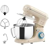 HOMCOM Batidora Amasadora 4,5L, Amasadora de Pan 1300W, Amasadora Repostería, 6 Velocidades, Bol de Acero Inoxidable, Batidor, Gancho, Varilla, Protector contra Salpicaduras, Beige