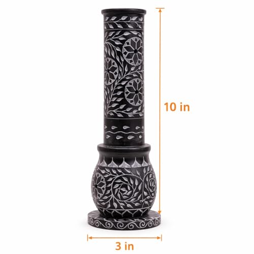 Image of Marble Soapstone Black Incense Holder, 3 x 3 x 10 Inches | Handmade, Round Carving, Candle Burner, Tea Light Holder, Decorative Home and Office Decor