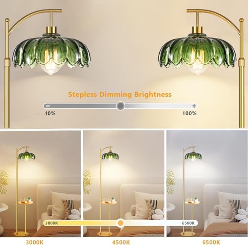 Image of QIYIZM Glass Floor Lamp with Table and Shelves for Living Room Bedroom,Gold Standing Lamp with Remote Dimmable,Boho Brass Tall Lamp Vintage Farmhouse Arc Green Flower Floor Light Bohemian
