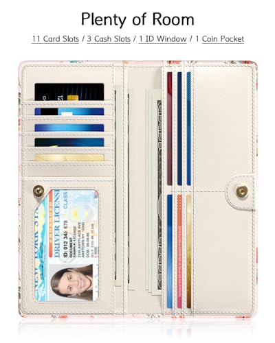 Image of Nipichsha Womens Wallet, RFID Slim Wallets for Women, Thin Ladies Credit Card Holder Purse, Cute Leather Bifold Clutch Billfold with 11 Card Slots & ID Window, Pink Flowers
