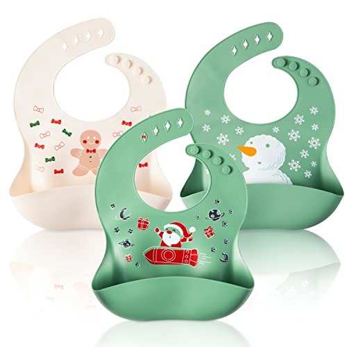 R Horse 3Pcs Christmas Silicone Baby Bib, Adjustable Waterproof Toddlers Bibs Silicone Feeding Bib With Food Catcher Pocket, Baby First Christmas Birthday Gift For Boys Girls #TOP13