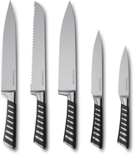 AMUSHOME Kitchen Knife Set of 5 Ultra-Sharp German High Carbon Stainless Steel Kitchen Knives, Rust-Resistant & Long-Lasting Edge – Precision Chopping, Slicing & Dicing with Hand-Fit Design