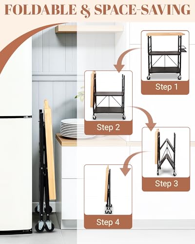 Image of Mythinglogic Foldable Kitchen Cart with Wheels, Rolling Kitchen Island with Wood Top, 3-Tier Microwave Stand Coffee Bar Cart with Side Storage Rack, Black