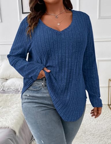 Image of Koscacy Women Plus Size Casual Knit Sweater V Neck Solid Color Tops Lightweight Long Sleeve Blouses