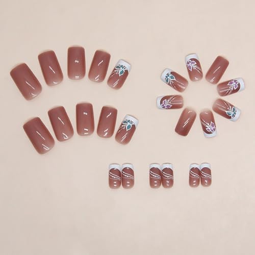 Generic White French Tip Press On Nails Medium Long Fake Nails Colorful Butterfly Spring Summer Designs Artificial Square Shaped Pink Full Cover False Nails Glue On Nails For Women Girls Acrylic Nails 24Pcs thumb #2