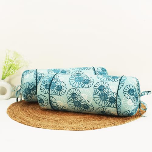 Image of AURAVE Cotton 144 TC Printed Bolster Cover with Drawstring Closure, Set of 2, Soft Breathable Durable Machine Washable for Sofa Bed & Home Decor, 15 inchx30 inch, Dark Blue | Cover Only