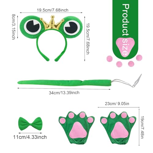 EUPSIIU 4 Pieces Frog Costume Set for Kids Boys Girls Included Frog Ears Headband Bow tie Frog Tail Paw Gloves Children Animal Costume Children Fancy Dress Up Cat Cosplay Halloween Carnival (Green) - Image 2