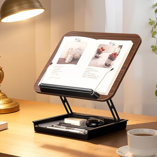 Soporte ajustable para leer hecho de madera natural con almacenamiento 6