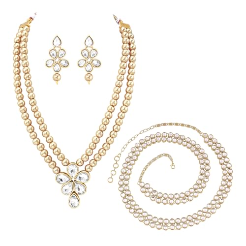 Image of Peora Crystal Faux Pearl Kundan Necklace & Jewellery Set Gift for Women