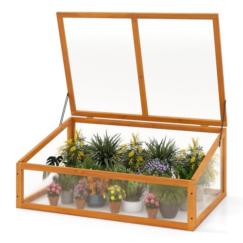 Giantex Wood Cold Frame Greenhouse, Portable Raised Planter Bed Protection with Transparent Flip-top Roof, Small Indoor Outdoor Hot House for Garden Sunroom Balcony, 37”x25”x16”