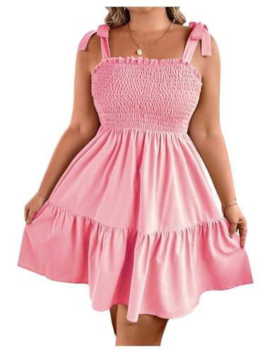 Image of Floerns Women's Plus Size Summer Knot Tie Shoulder Ruffle Straps Flounce Flowy Smocked Sundress Shorts Dress