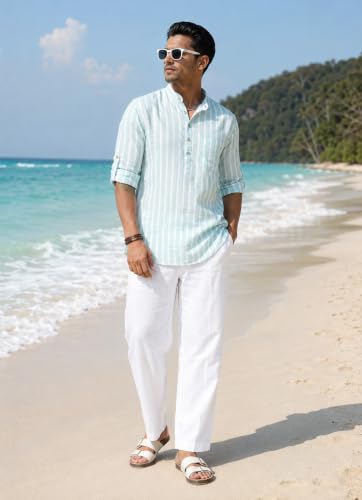 Image of Majestic Man Men's Pure Cotton Striped Mandarin Collar Regular Fit Roll-Up Sleeves Short Kurta