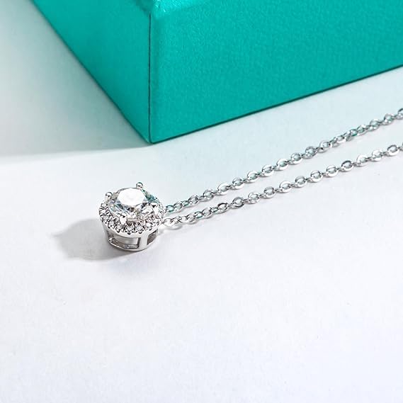 Naszyjnik damski - okrągły naszyjnik Moissanite z certyfikatem, srebro próby 925, kolor D, jakość VVS1, delikatne zaciskanie, długość łańcuszka 45 cm, odpowiedni do: Impreza/Podróż/Ślub/Urodziny