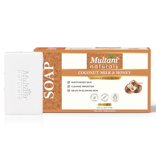 Image of Multani Natural Coconut Milk & Honey Soap - 125 gm (Pack Of 5) | Helps In Reducing Acne | For Deep Hydration & Glow | Helps Rejuvenate Dull & Tired Skin | Paraben Free | Clinically Tested | For All Skin Types | Soap Bar For Men & Women