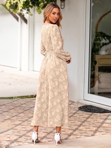 Image of Simplee Womens Boho Floral Long Sleeve Maxi Dress V Neck Empire Waist Fall Wedding Guest Dresses with Pockets