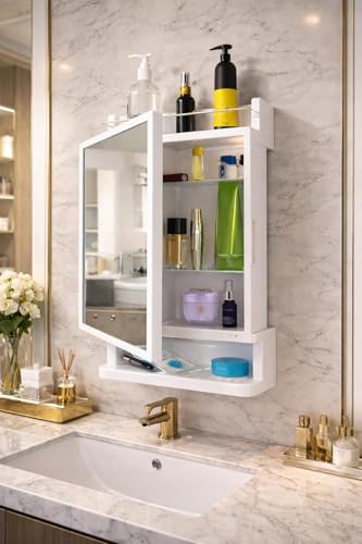 Image of CIPLA PLAST Rich Look Plastic Wall-Mounted Bathroom Mirror Cabinet with Storage Shelves, Single Door, Bathroom Mirror Cabinet with Towel Holder (White)