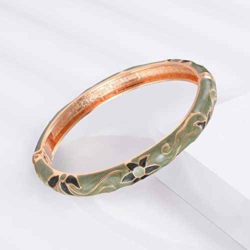 Ujoy Women Cloisonne Bracelet Multi-Colors Gold Plated Rhinestone Flower Hollowed Enameled Hinged Cuff Bangles Jewelry Gift 88A08-3Pcs Green #TOP2
