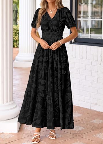 Image of KIRUNDO Summer Dresses for Women 2026 Boho Flowy Casual Short Sleeve V Neck Elastic Waist Floral Long Baby Shower Maxi Dress