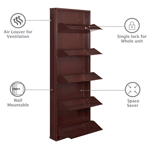 Image of DELITE KOM 20 Inch Wide, 5 Shelf Metal Shoe Rack Wall Mounted for Home with Central Lock | Holds Upto 12 Shoes or 20 Slippers Pair | 1 Year Warranty | (67 x 20 x 5 Inch, Coffee) | DIY | Space Saving