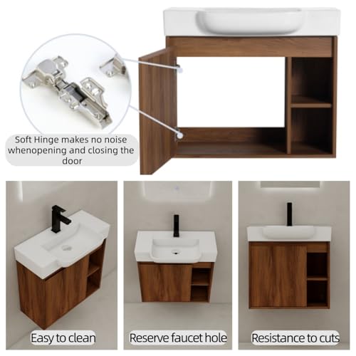 Image of 24 inch Bathroom Vanity with Ceramic Sink, Modern Wall-Mounted Bathroom Vanity with Soft-Close Door & 2 Open Storage Shelves for Home, Farmhouse, Undermount Storage Cabinet, Easy to Clean, Brown