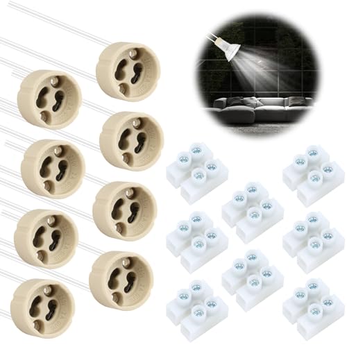 CAISYE 8Pcs GU10 Bases para Lámparas, Portalámparas GU10 de Cerámica con Cable de Silicona 0,75mm², 15cm, 0-250V, 2A, Incluye Conector de Terminal, Conector Para GU10 LED o Bombilla Halógena