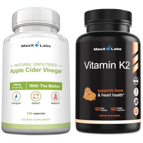 MaxX Labs Apple Cider Vinegar Capsules with The Mother Help Improve Energy, Immunity, Digestion & Metabolism + Vitamin K2 Supplement - Full Spectrum Vitamin K2 MK7, MK4 & Calcium - 90 Capsules Cover