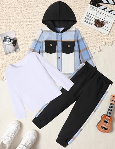 Image of Toddler Boy Clothes Plaid Hooded Shirt White T-shirt Top and Solid Color Pants 3Pcs Winter Boys Clothes