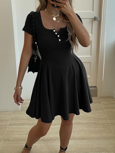 Women Summer Square Neck Mini Dresses Button Down Drop Waist T Shirt Dress Short Swing Sundress with Pockets4