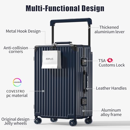 Aluminium Frame Carry on Luggage with Smooth Jelly Wheels, Hardside Zipperless Rolling Suitcase with TSA Lock (Blue, 21-Inch)2