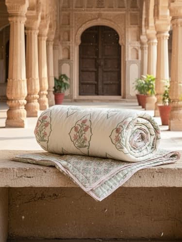 Image of Firdaus 100% Cotton Reversible AC Comforter Blanket Quilt Razai | Winter Summer All Season Dohar | Skin-Friendly Bedding | Handblock Printed Gift for Home Decor | Jaipuri Single Bed Comforter