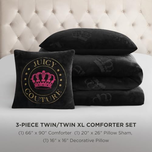 Image of Juicy Couture Plush Reversible Embossed Crown 3-Piece Twin /Twin XL Comforter Set with Decorative Pillow, Black