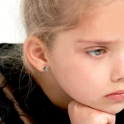 925 Sterling Silver Black Enamel Cat and Moon Halloween Safety Screw Back Earrings For Little Girls - Children's Halloween Screw Back Earrings - Black Cat Earrings For Children3