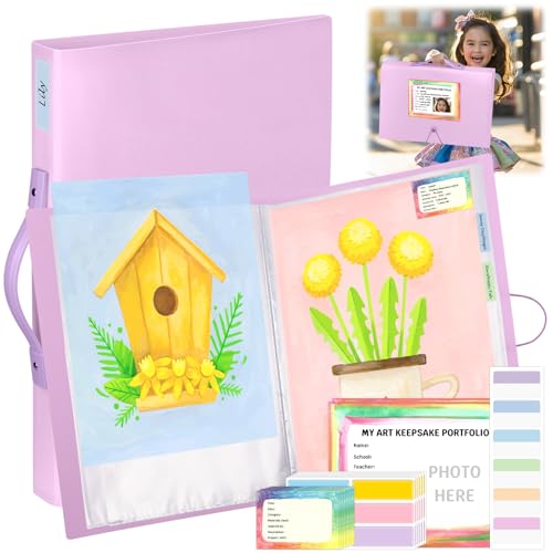 A3 Kids Art Portfolio Storage 11x16 In Artwork Storage Binder K-12 with 40 Clear Sheet Protectors PI & Label Tab & Name Stickers Art Portfolio Folder with Handle for Keepsake Artwork Scrapbook Poster