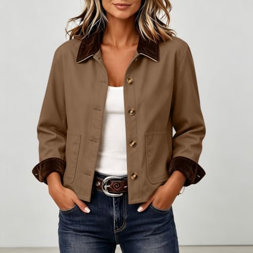 Womens Barn Jacket Cropped Corduroy Collar Office Travel With Patch Pockets - image 2