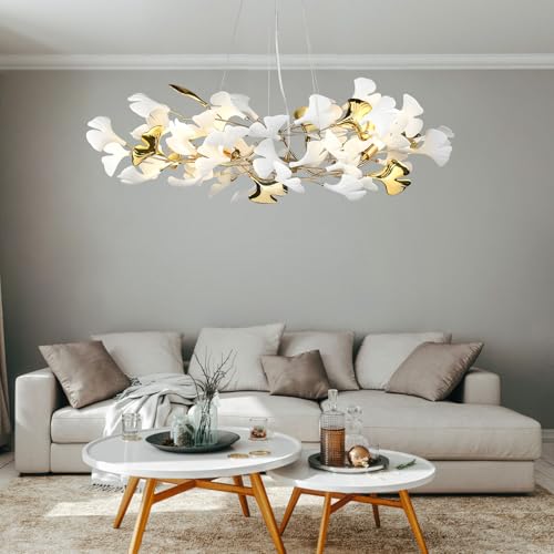 Image of L31.5 Inch Branch Chandelier Ceramic Ginkgo Leaf Chandeliers Brass Hanging Lights Fixtures for Dining Room Living Room Kitchen Island, 5-Light