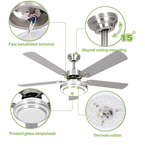Image of hykolity 52 Inch Ceiling Fans with Lights (Integrated LED) Remote Control, Reversible Motor and Blades, ETL Listed, for Patio Living Room, Bedroom, Office - Brushed Nickel (5-Blades)